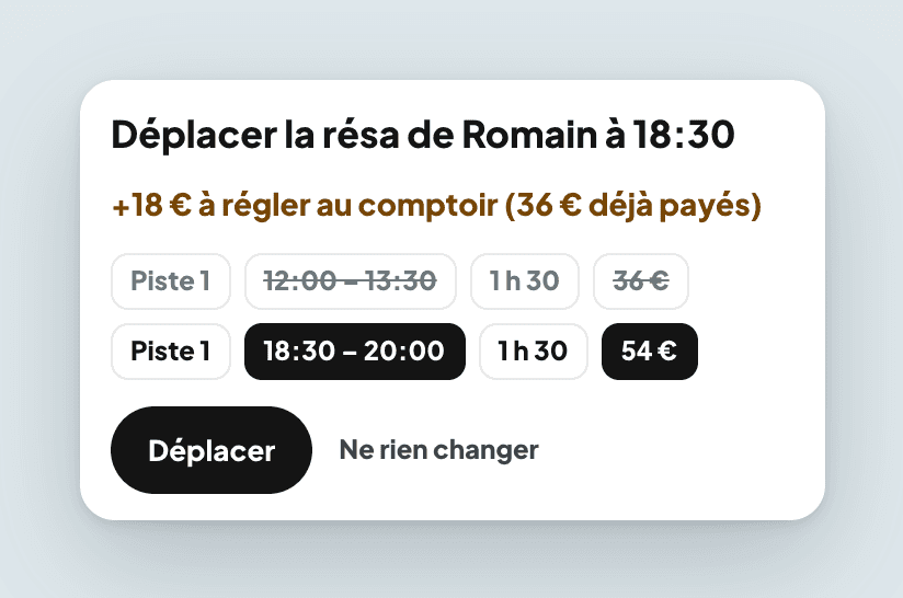 Déplacer une résa : le nouveau prix s'affiche avant de valider