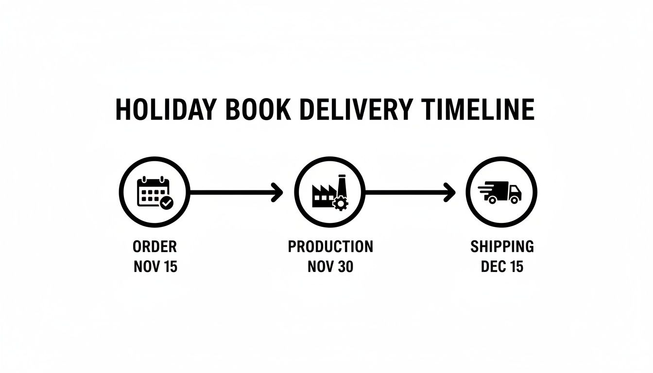 Holiday book delivery timeline illustrating order by November 15, production by November 30, and shipping by December 15.