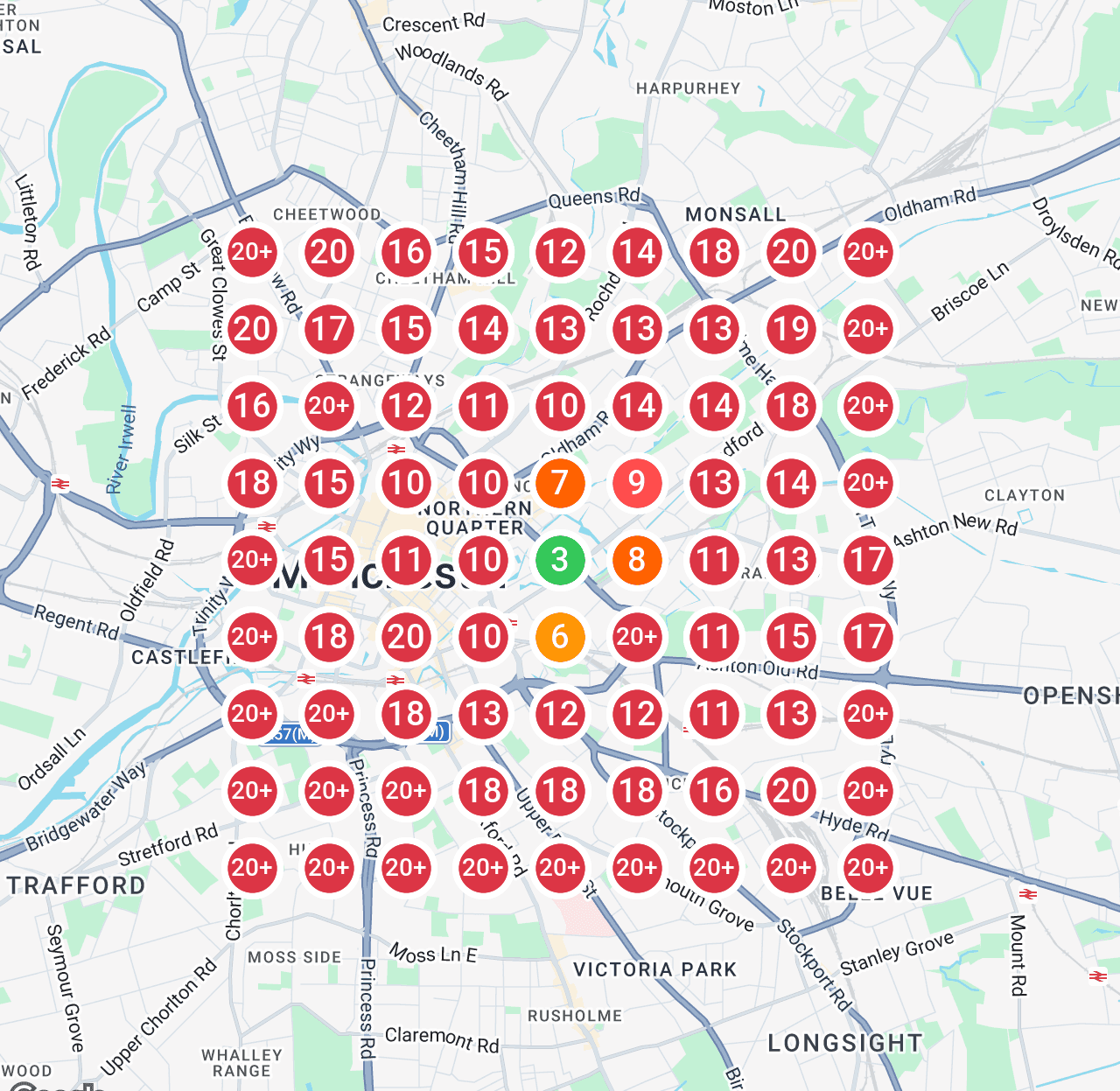 Local SEO heatmap showing poor rankings