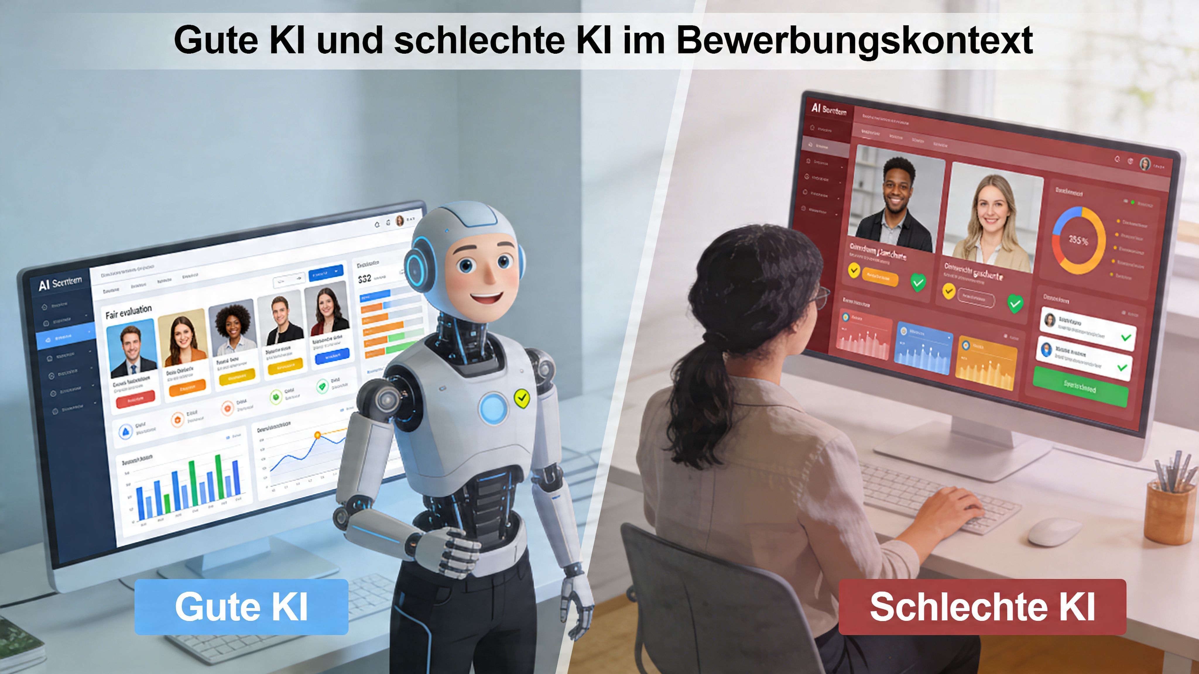 Ein Vergleich zwischen fairer KI-gestützter Bewerberauswahl und diskriminierender KI-Systeme in einem modernen Bürokontext.