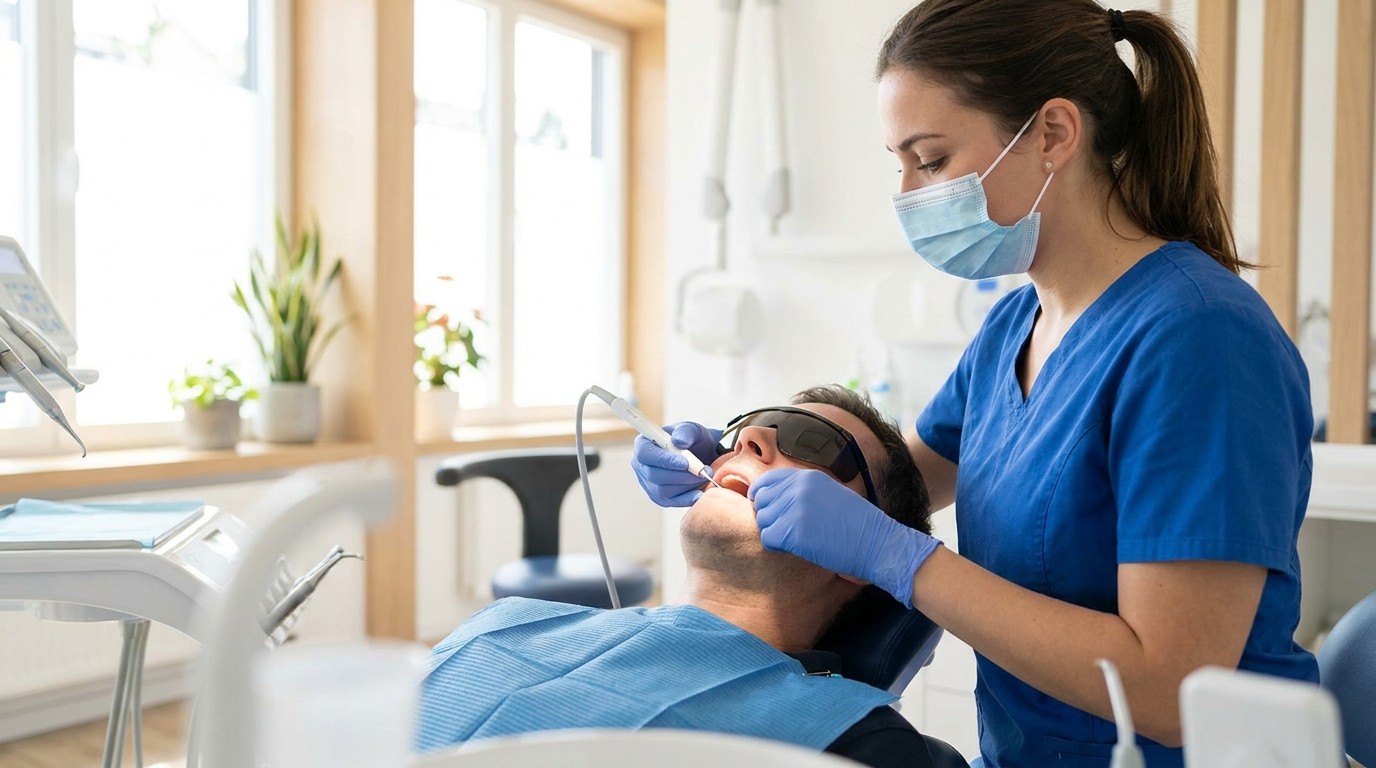 A dental hygienist gently cleaning a patient's teeth during a routine preventive visit.