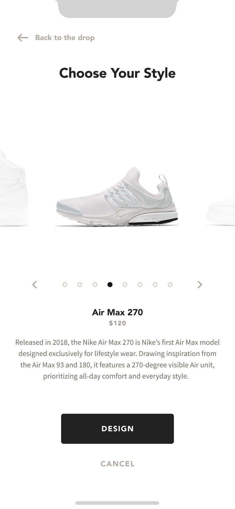 Selecting a sneaker silhouette for customization.