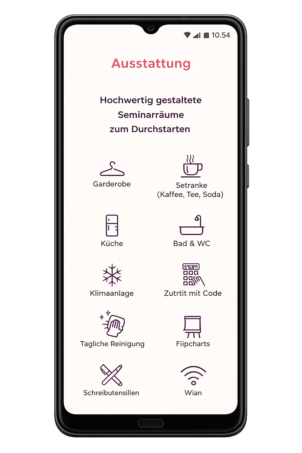 Mobile Ansicht der Consolmo Website mit Übersicht der Ausstattung wie WLAN, Küche, Klimaanlage und Flipcharts