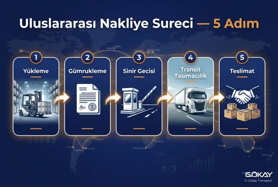 Uluslararası nakliye süreci — yükleme, gümrük, transit ve teslimat adımları