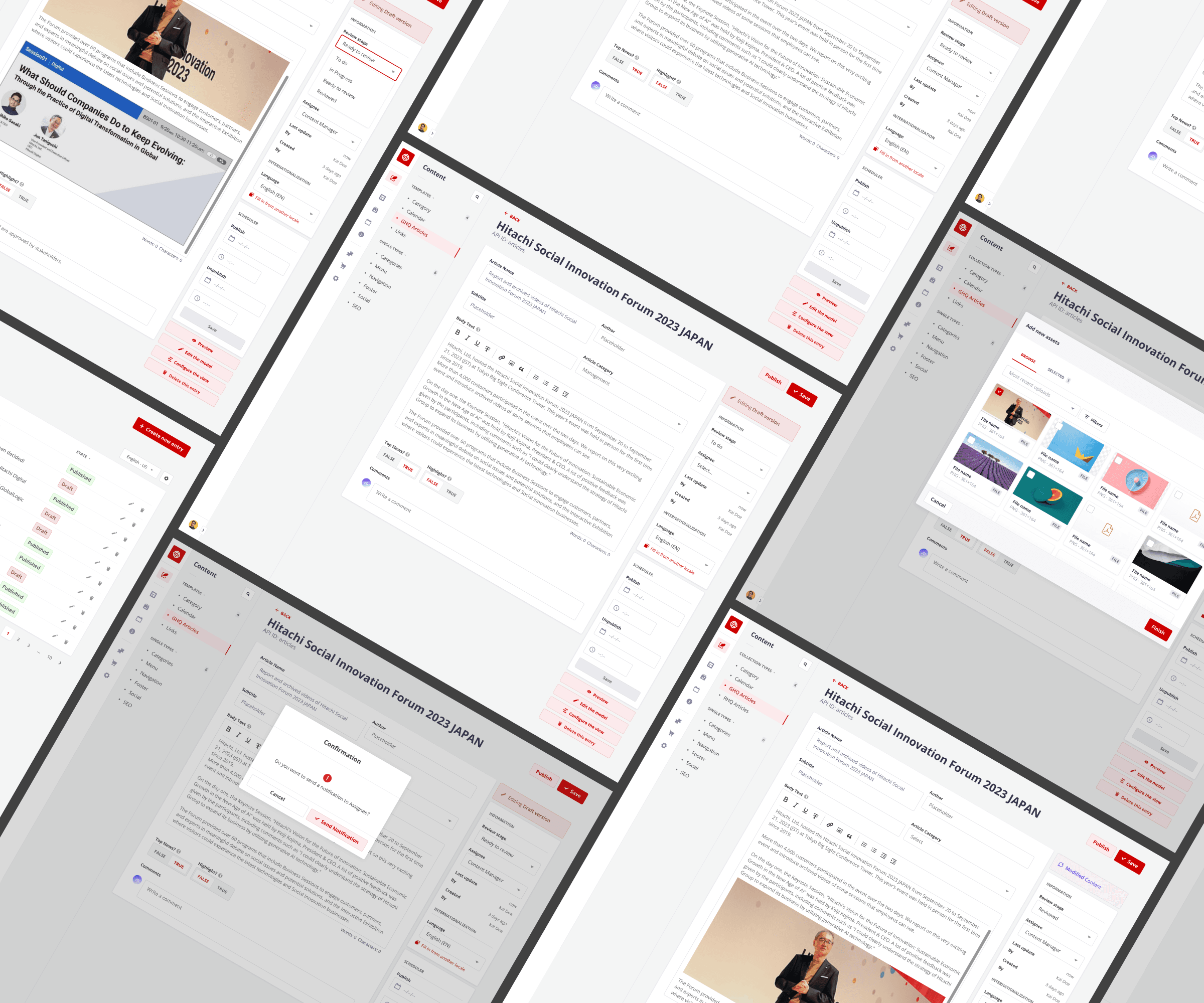 Mockups of content creation workflow with use of headless SMC Strapi