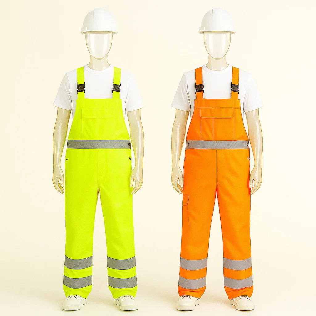 Two mannequins showcase fluorescent workwear. The left mannequin wears neon yellow reflective bib pants, a white t-shirt, a white hard hat, and white shoes. The right mannequin wears orange reflective bib pants, a white t-shirt, a white hard hat, and white shoes.