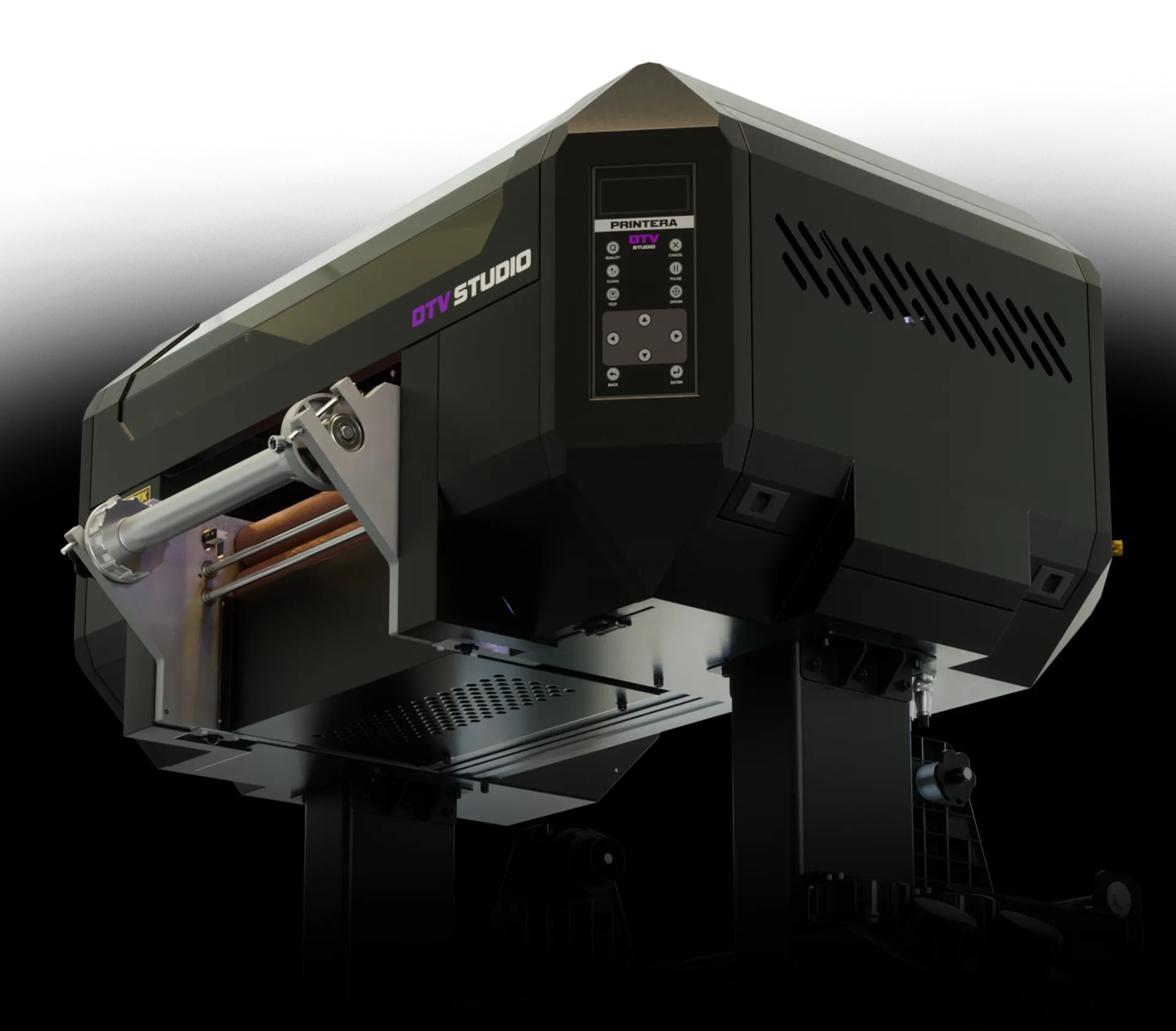 Low-angle 3D render of the Printera Studio UV DTF printer, highlighting its robust design equipped with the latest BYHX mainboard and advanced overvoltage protection for outstanding stability and extended lifespan