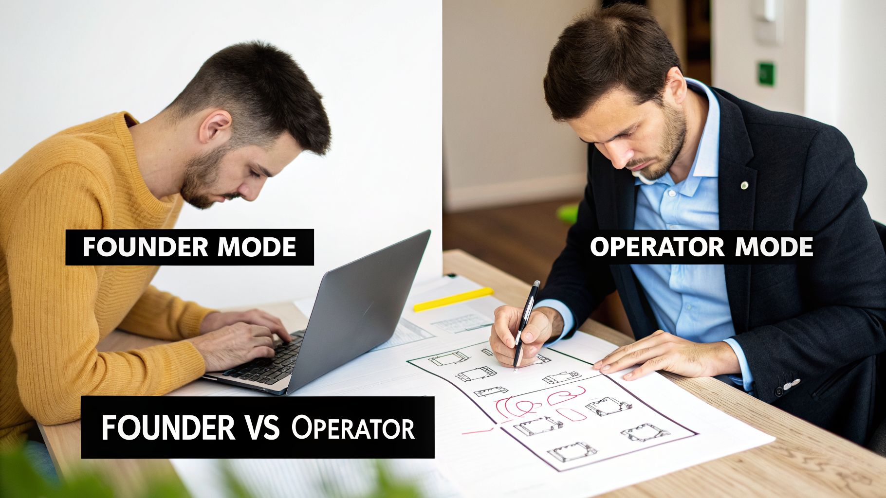 Two men demonstrating founder mode on a laptop and operator mode drawing on paper, comparing roles.