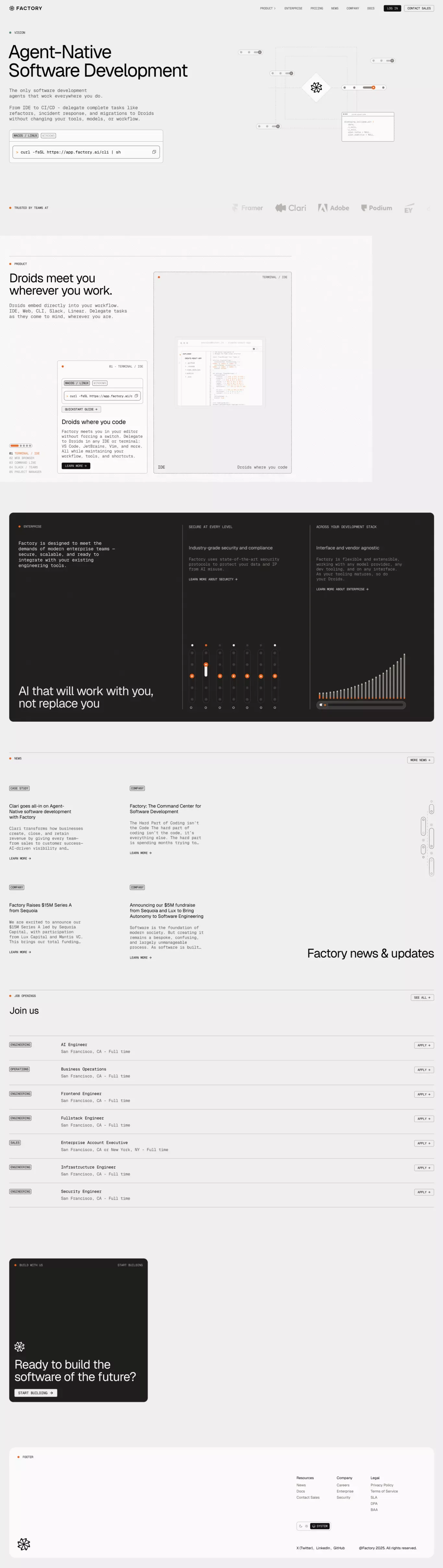 Factory landing page screenshot showcasing Tech and AI design