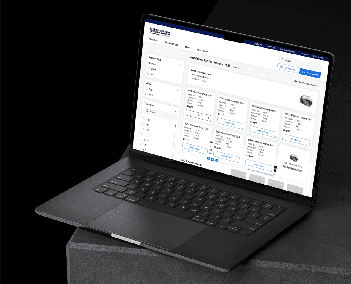 Industrial Metal Supply Company Website Design: Detailed B2B e-commerce platform displayed on a laptop, showing a product catalog with specific filtering options for metal plates.