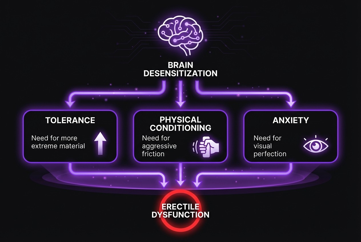 Infographic showing how brain desensitization from porn leads to erectile dysfunction through three pathways: tolerance requiring more extreme material, physical conditioning requiring aggressive friction, and anxiety from needing visual perfection