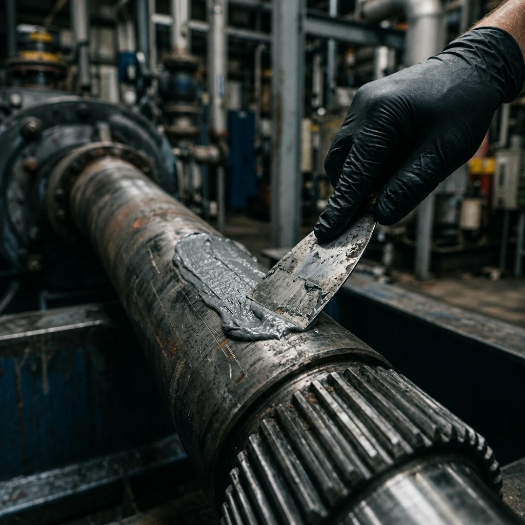 Aplicación de AX Metal reconstruyendo una pieza metálica con espátula.