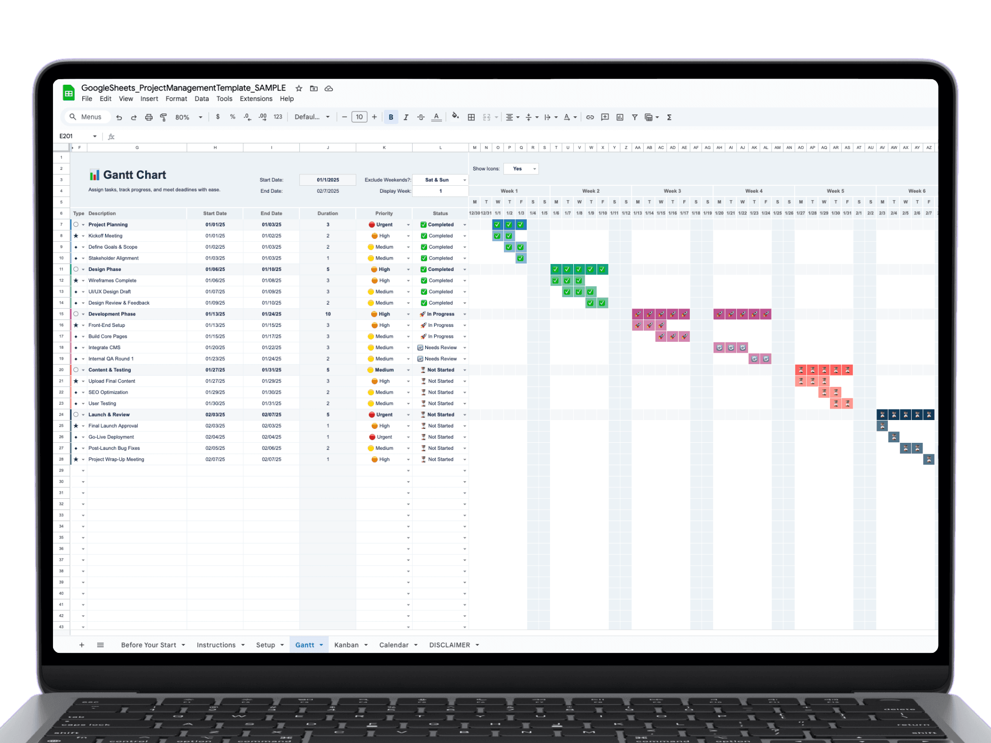 Laptop mockup of the Ultimate Project Tracker Gantt chart in Google Sheets with tasks, dates, priorities, and color-coded timeline bars for early 2025