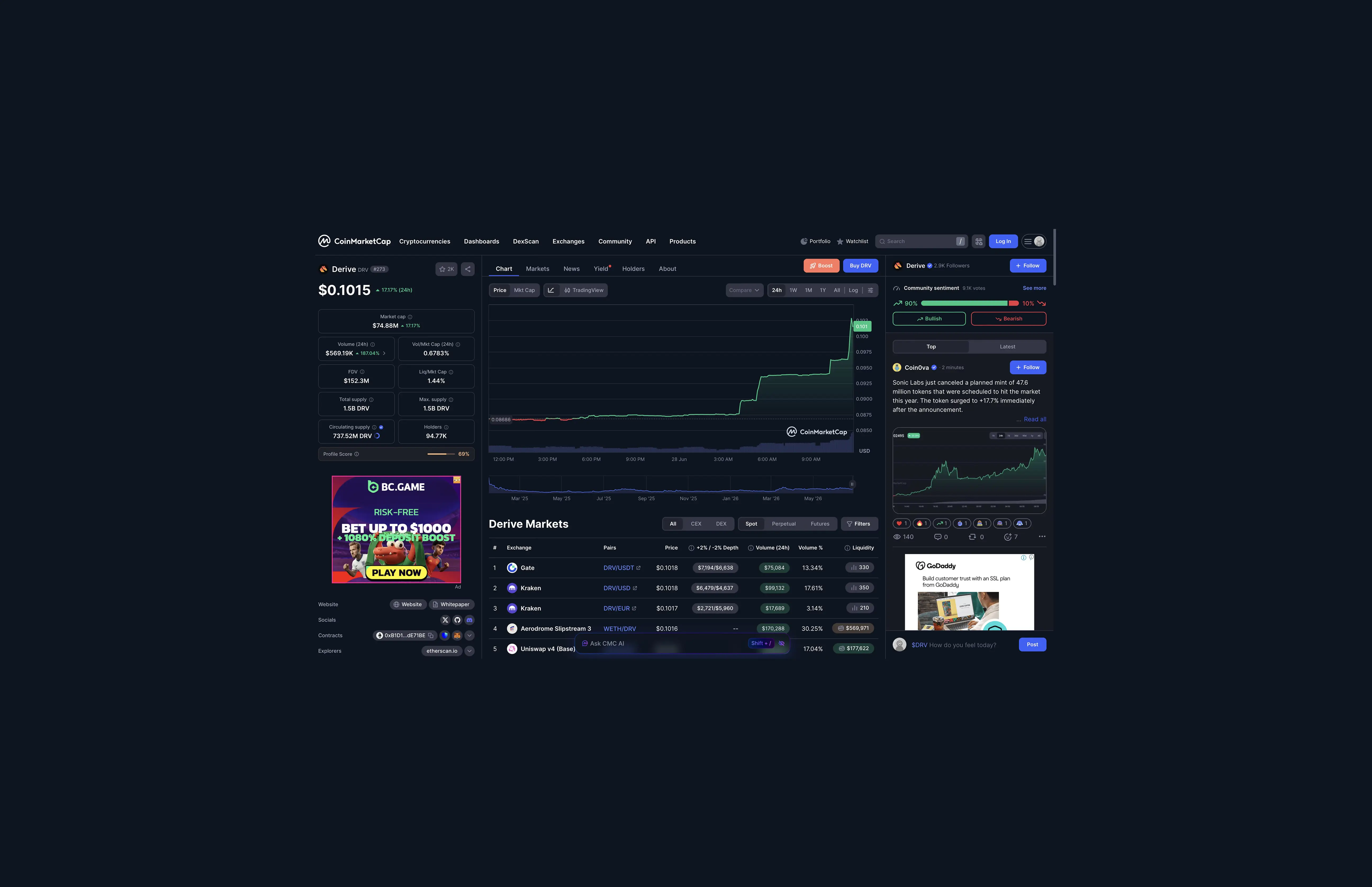 CoinMarketCap screenshot of DRV at $0.1015