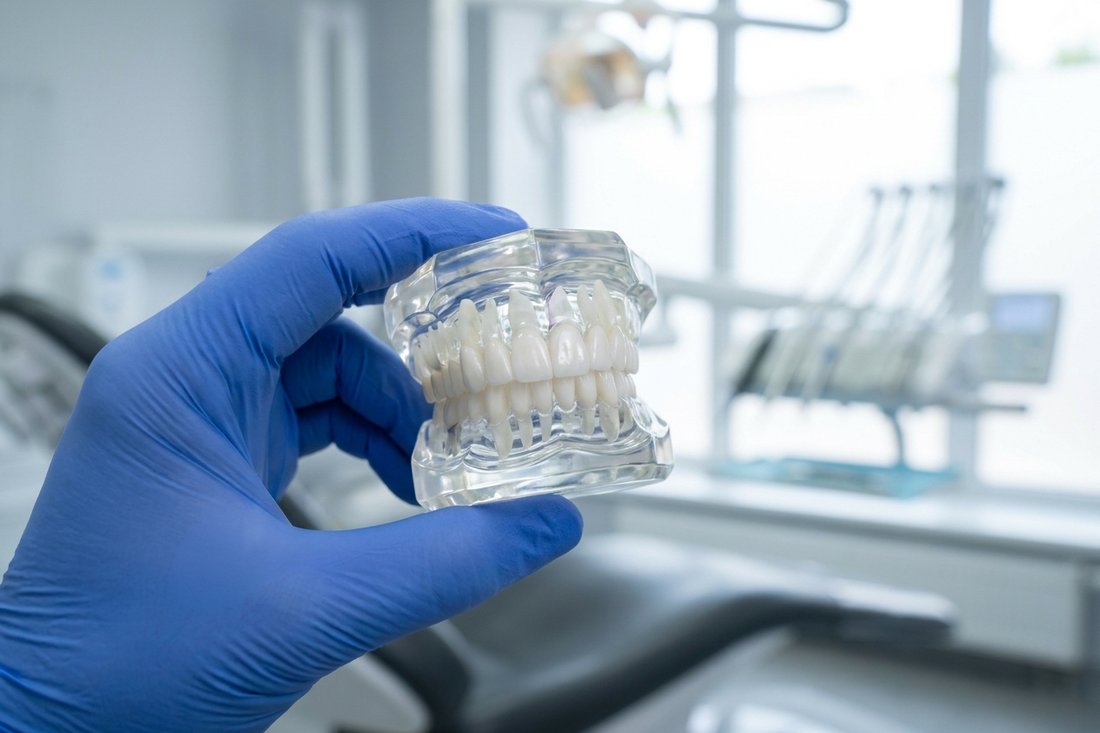 Close-up of glossy porcelain veneers on a tooth model showing durability