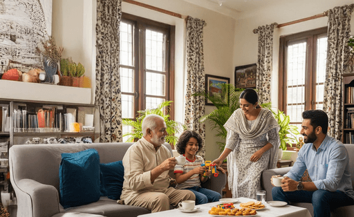Indian family at home, with a woman interacting warmly with her young child while two men, the child's father and grandfather, sit nearby sipping tea, creating a relaxed household scene.