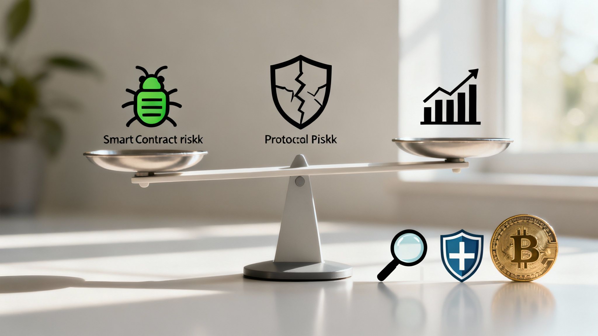 A scale balances smart contract and protocol risks against growth, with crypto security and audit symbols.