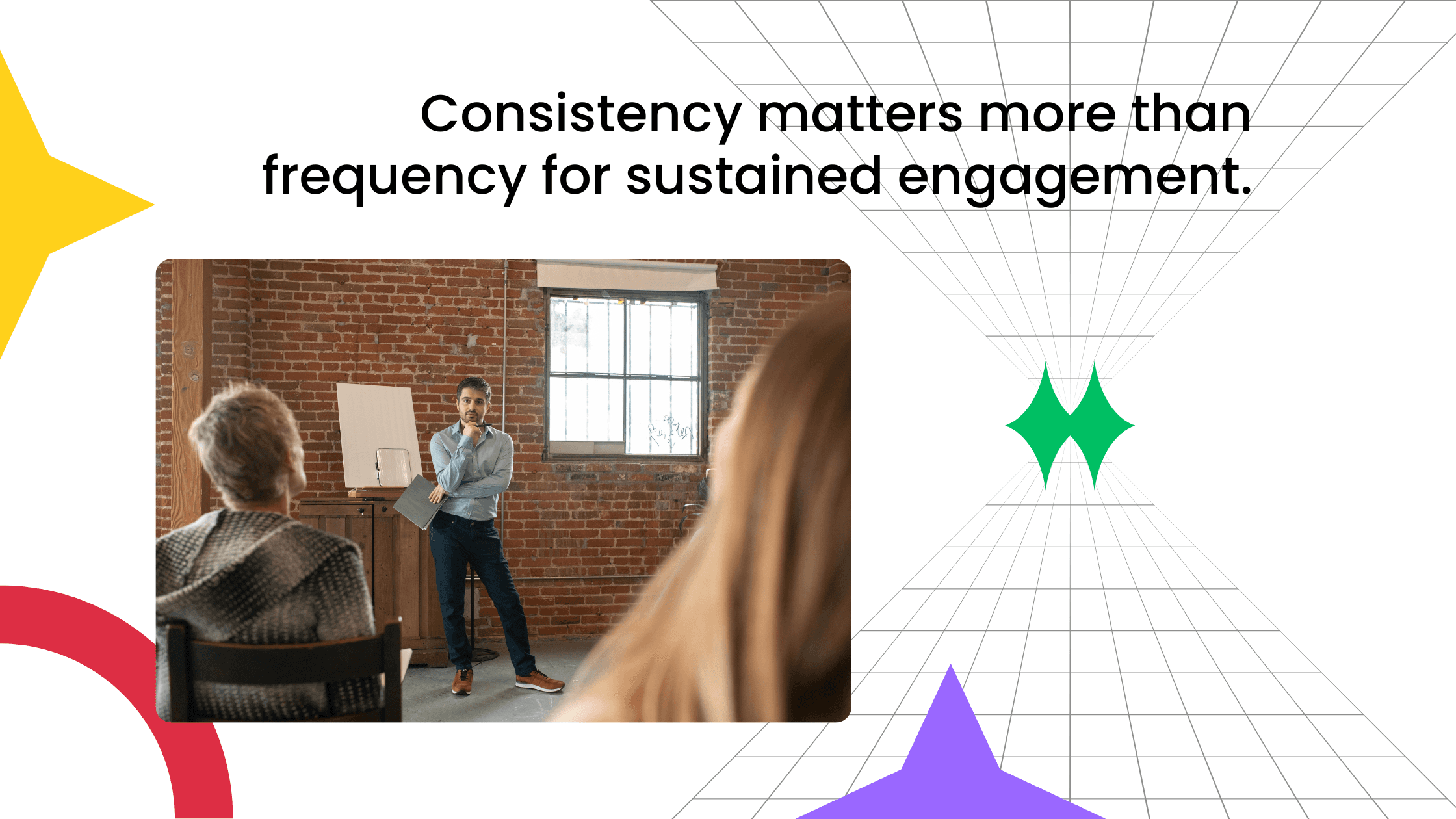 Speaker presenting to a small audience in a brick-walled room during an in-person workshop.