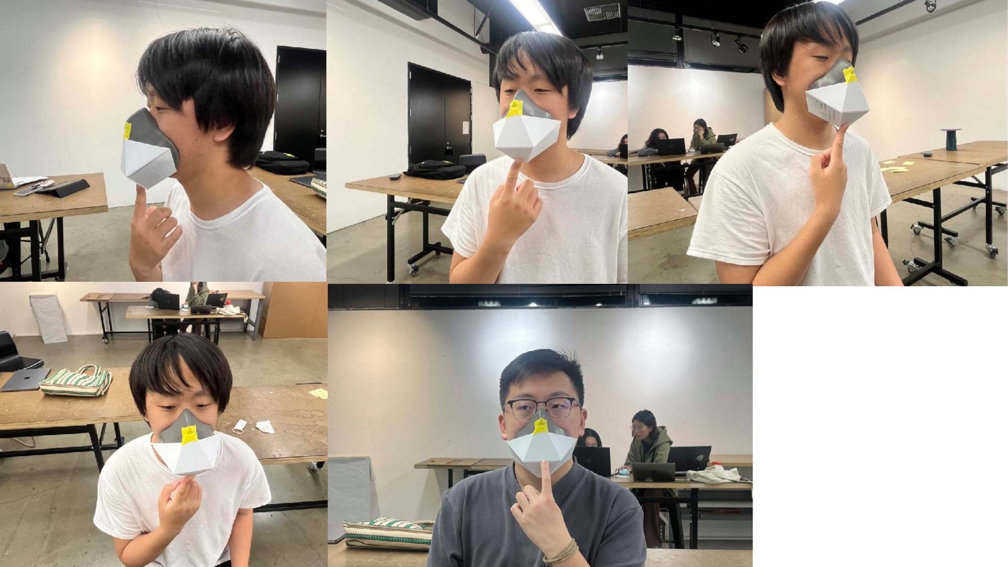 Five wearers trying the printed mask