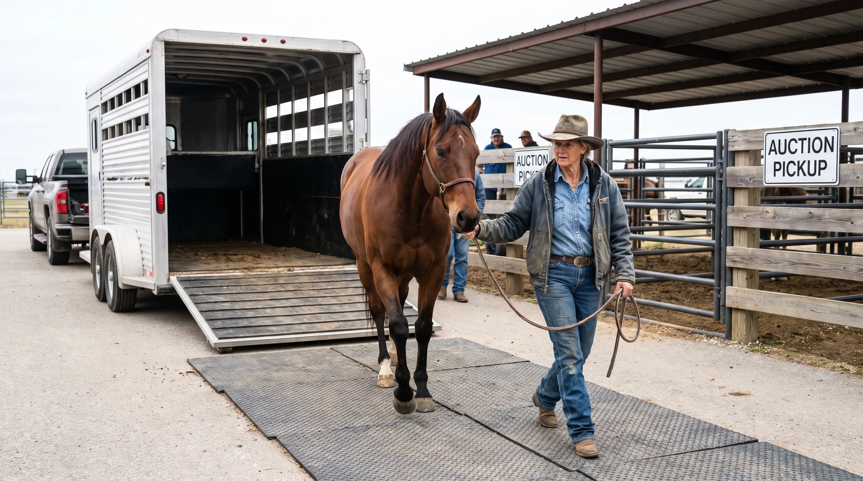 A handler guides a horse toward a securely hitched trailer across the auction’s nonslip loading area.
