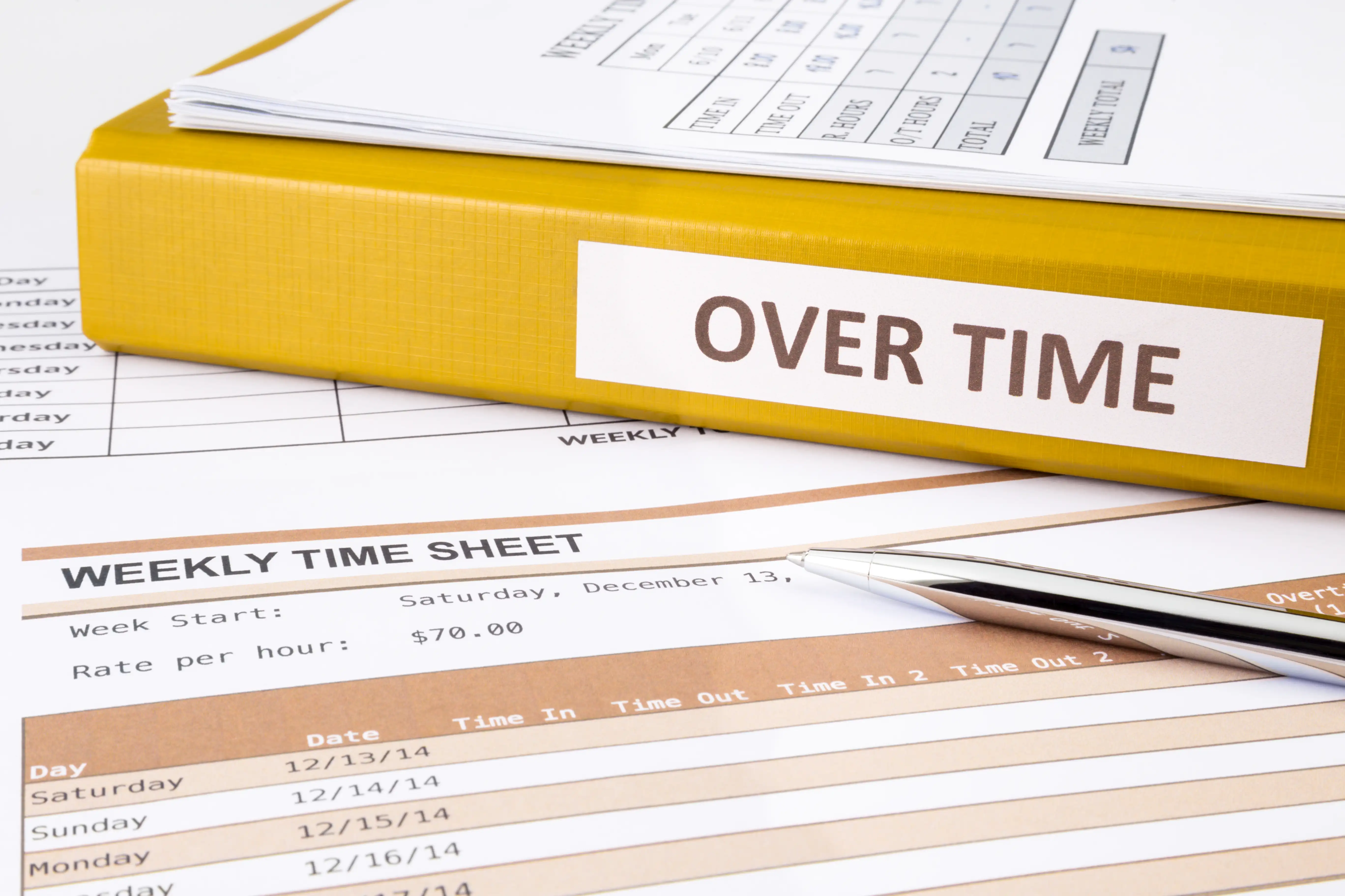 Weekly timesheet and yellow folder labeled OVER TIME, representing calculated overtime pay under California Labor Code section 510