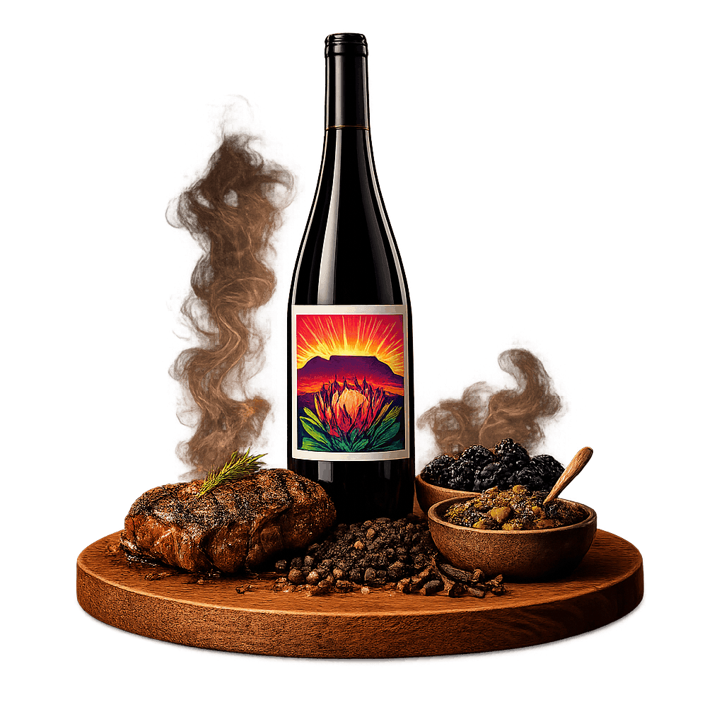 Artistic label and flavor profile for South African Syrah on a rustic wooden table.