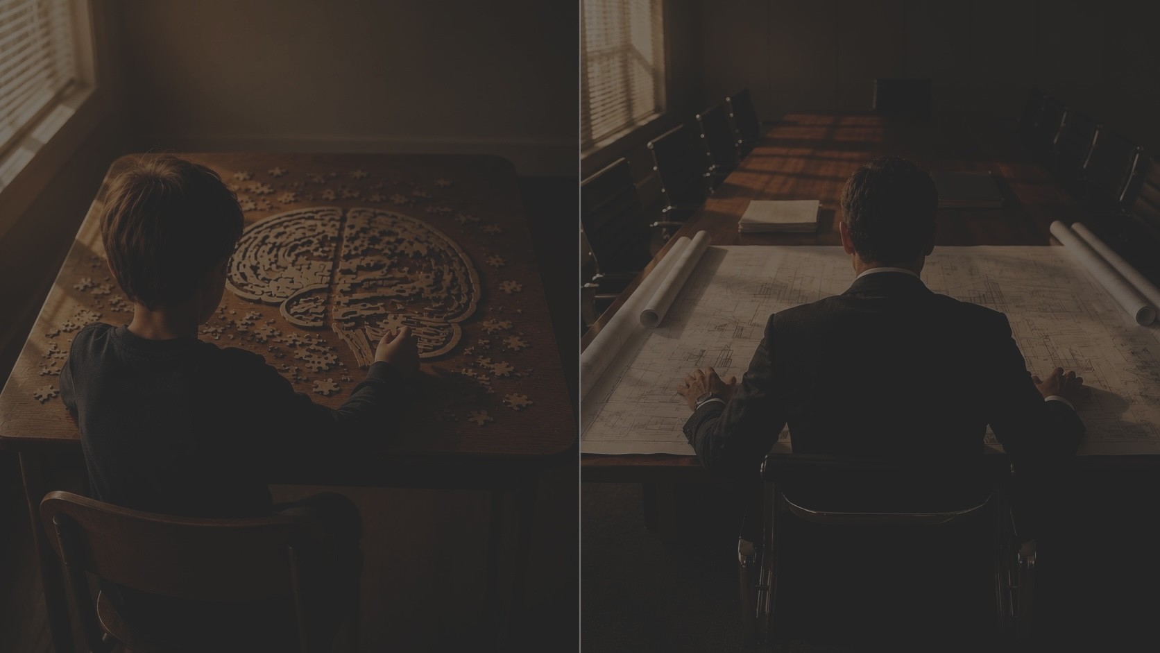 Split-screen image showing a child assembling a brain-shaped puzzle on the left and an adult reviewing architectural blueprints on the right.