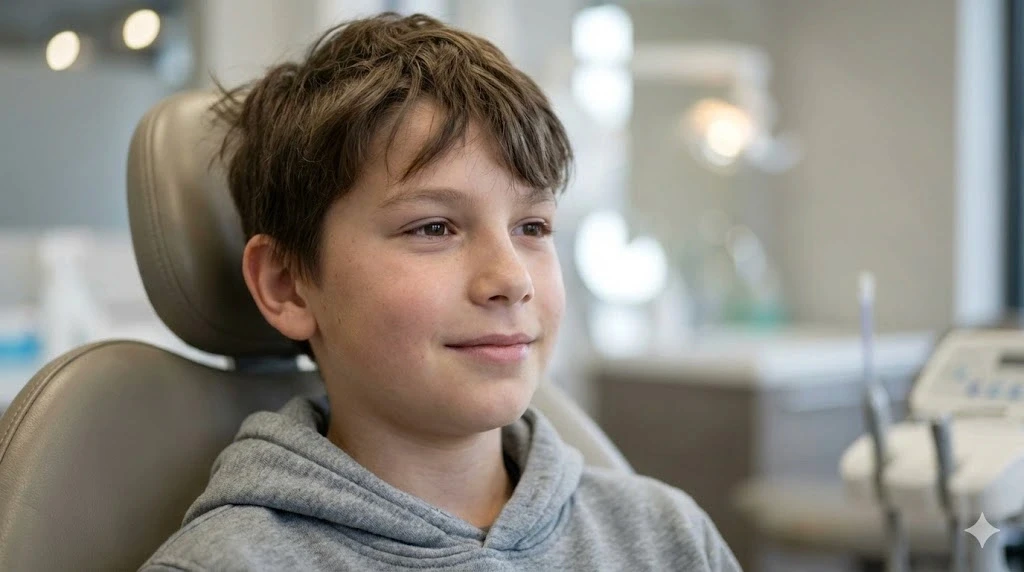 11 éves fiú közelről, fogászati székben, nyugodt arckifejezéssel, elmosódott rendelői háttérrel.