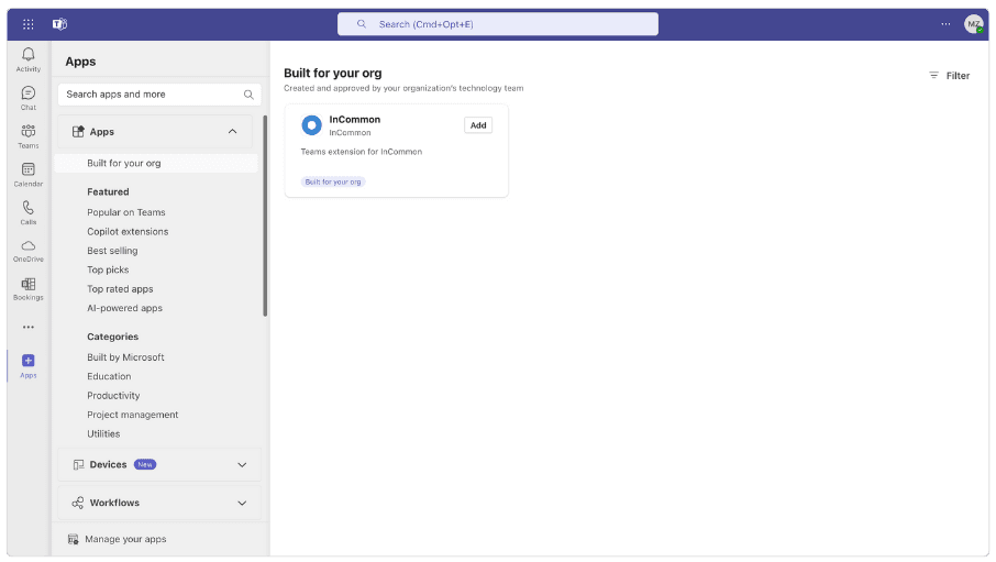 Screenshot of the Apps "Built for your org" page in Microsoft Teams