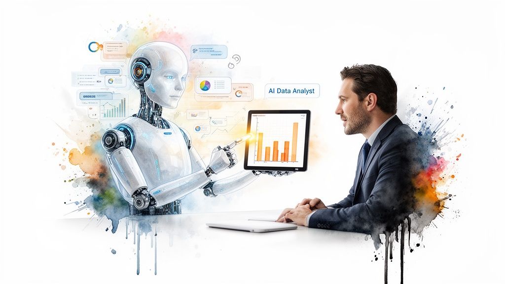 A robot presents data on a tablet to a businessman, illustrating AI data analysis.