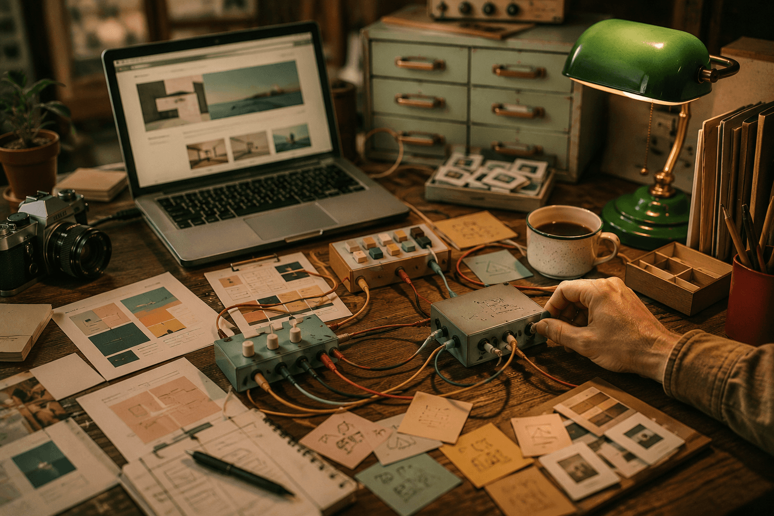 Designer’s desk with connected workflow modules, representing practical Framer MCP and AI-assisted web design workflows.