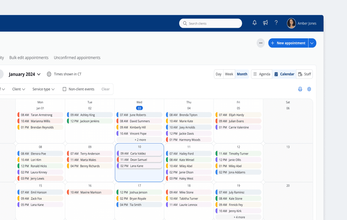 Monthly calendar interface showing scheduled appointments.