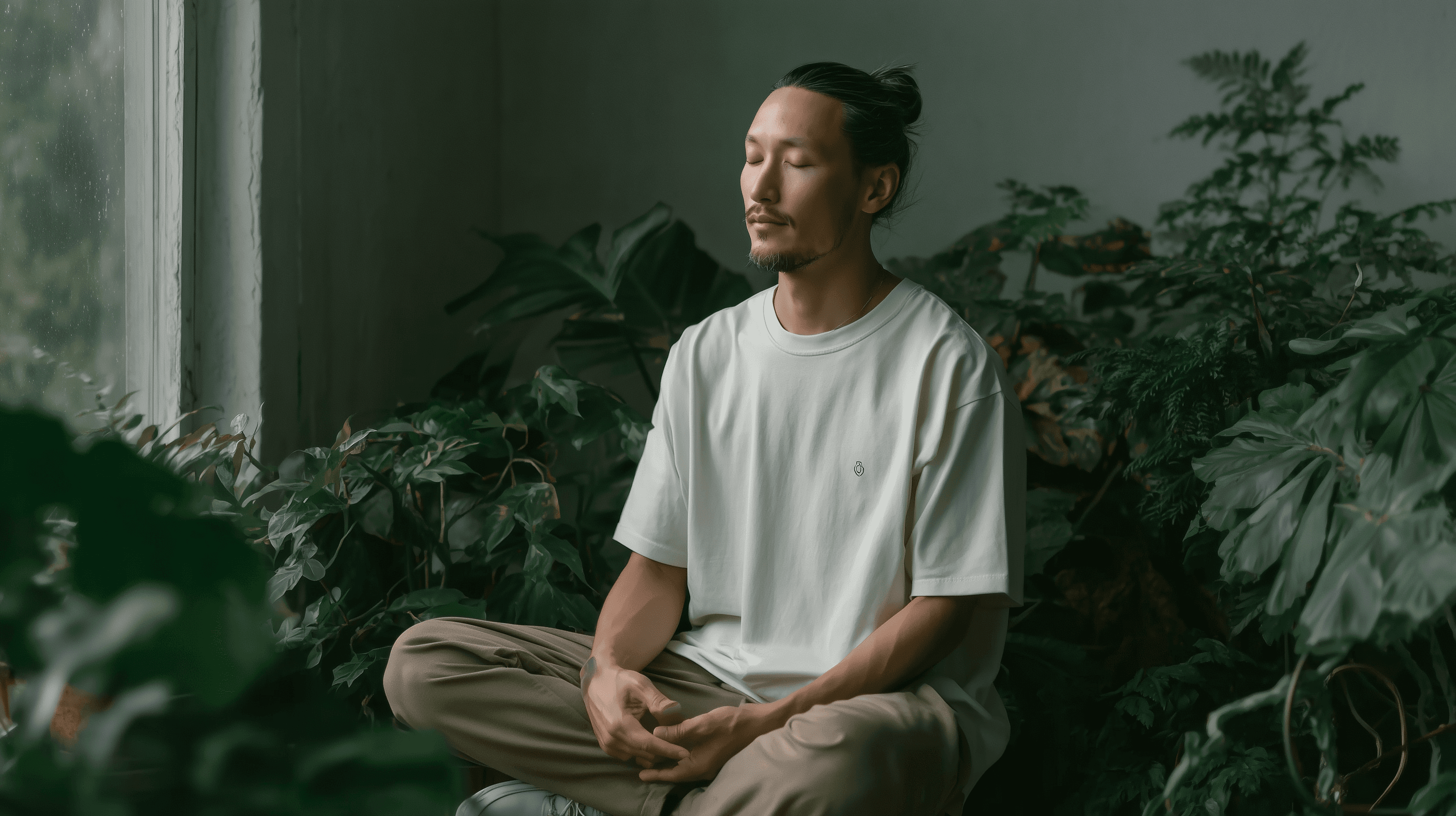 Man meditating indoors surrounded by lush green plants and natural window light.