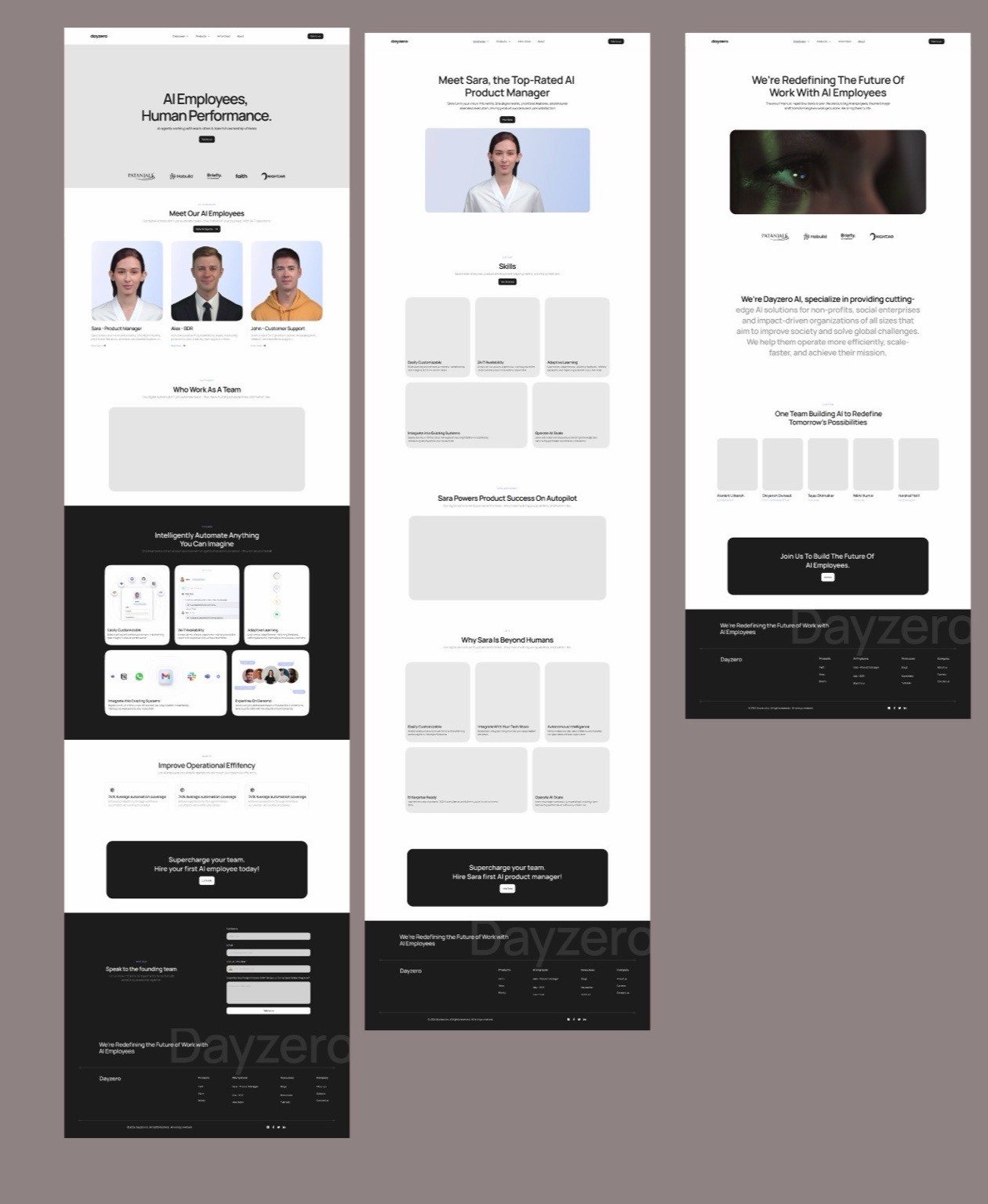 Dayzero.ai design file: full-length page layouts for the website, side by side