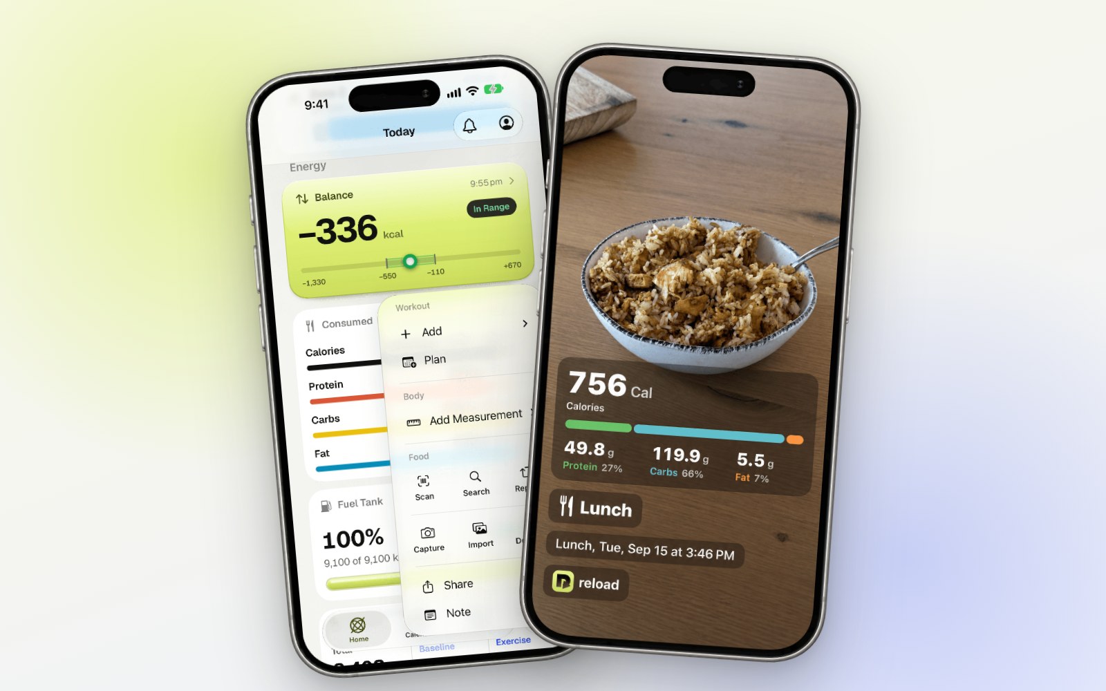 reload on iPhone: the Today screen with energy balance and the food logging menu, next to an AI photo log of a granola bowl (756 Cal, 49.8 g protein, 119.9 g carbs, 5.5 g fat)