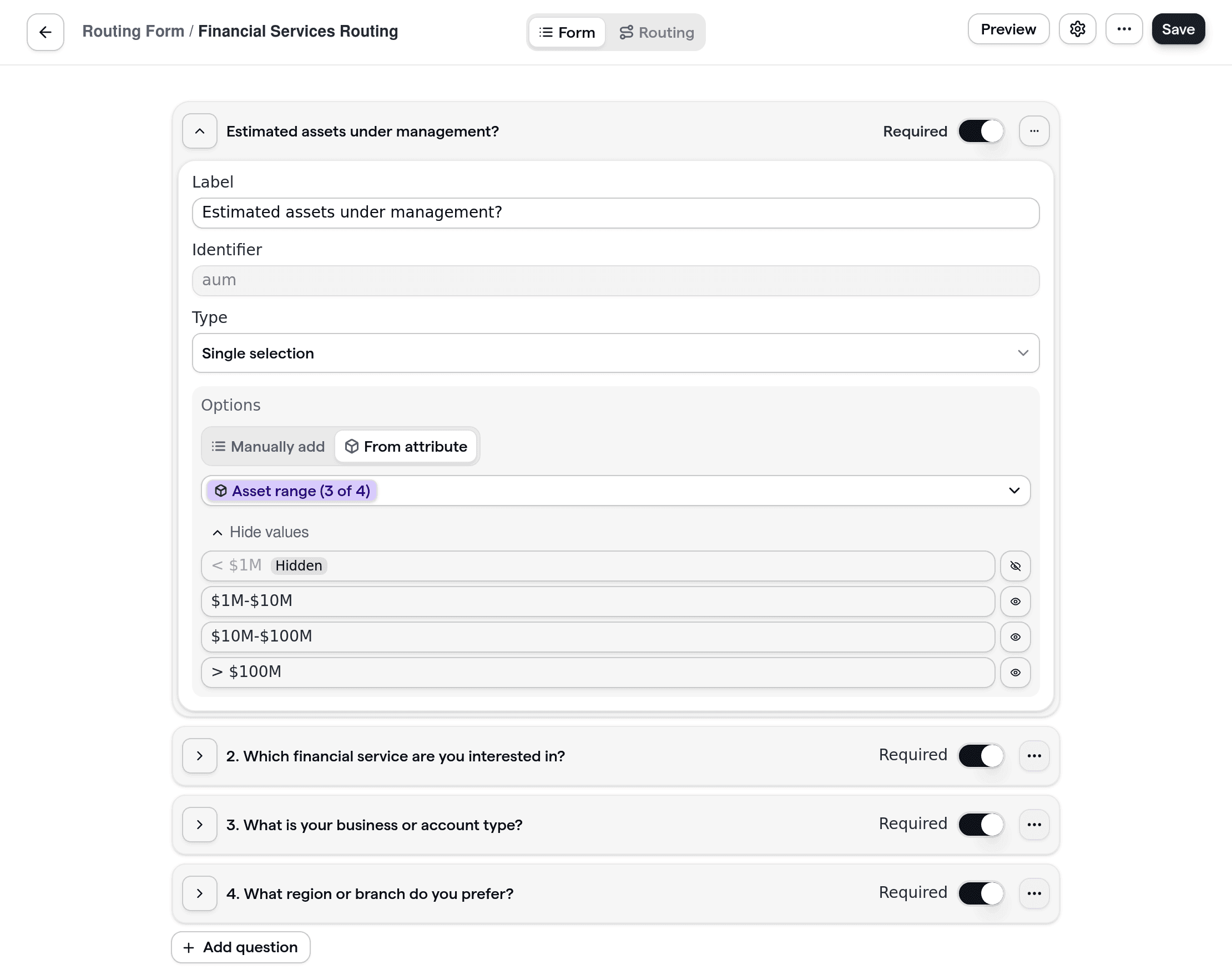 Financial services routing form with tailored questions for client onboarding and compliance.