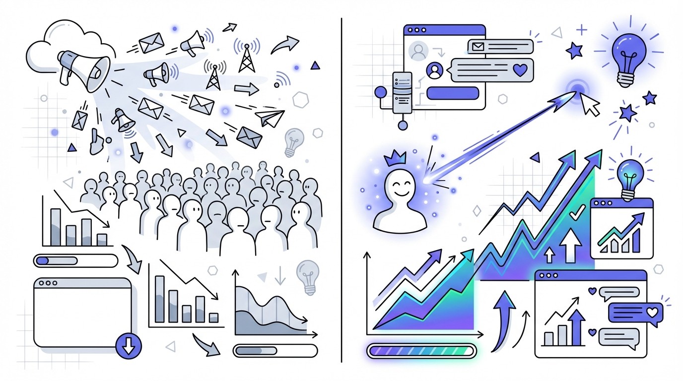 An infographic visually comparing generic versus personalized outreach performance. The generic side shows scattered, ineffective communication with low performance metrics, while the personalized side depicts focused, highly effective communication with significantly higher, positive performance metrics, illustrating a clear gap.