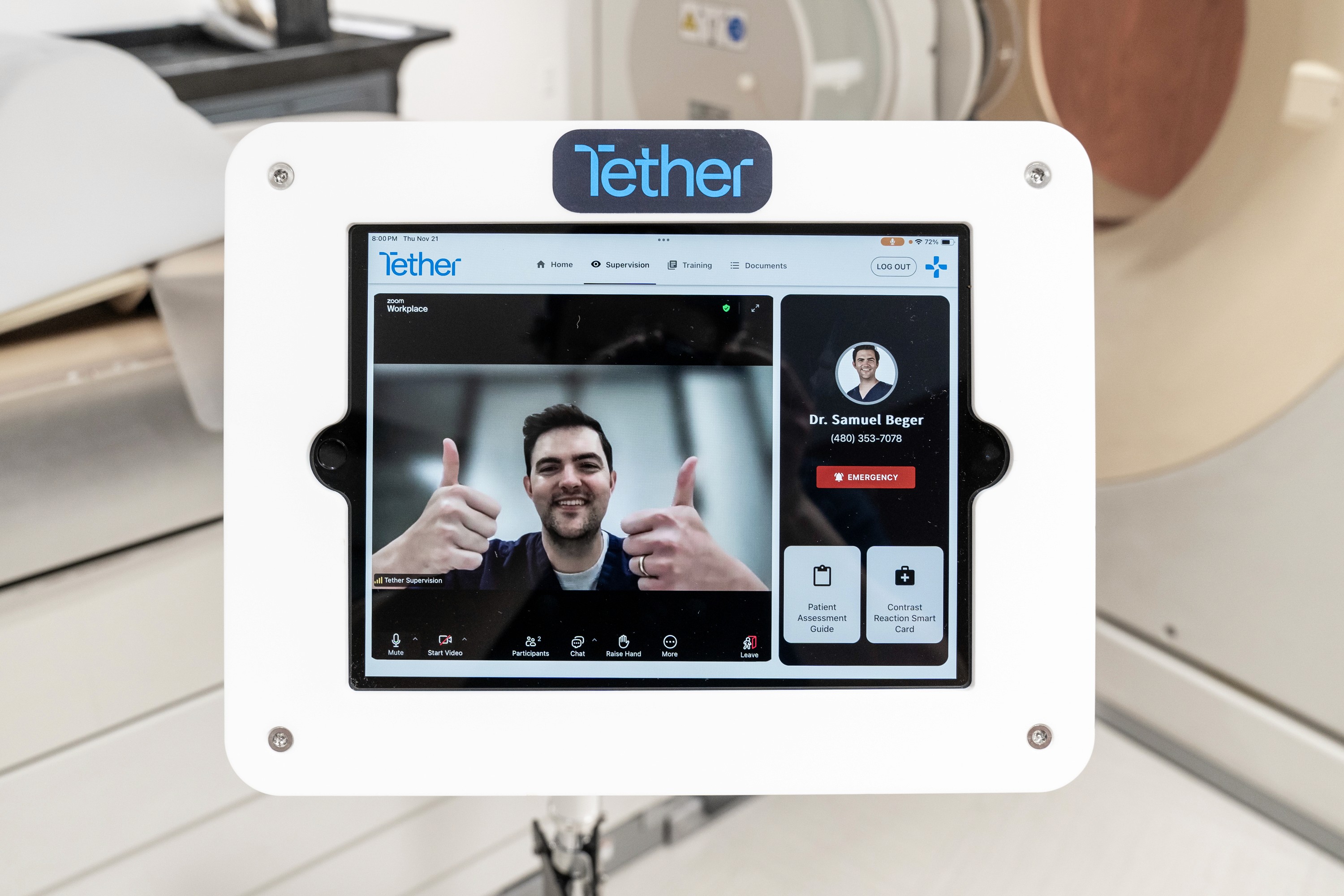 Tether Supervision mobile contrast unit displaying a live virtual radiologist delivering real-time, HIPAA-compliant virtual direct supervision for contrast administration across multi-site outpatient imaging centers.
