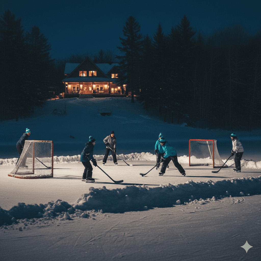 Match de hockey familial de nuit sur un lac gelé, avec deux buts rouges et un chalet éclairé en arrière-plan.