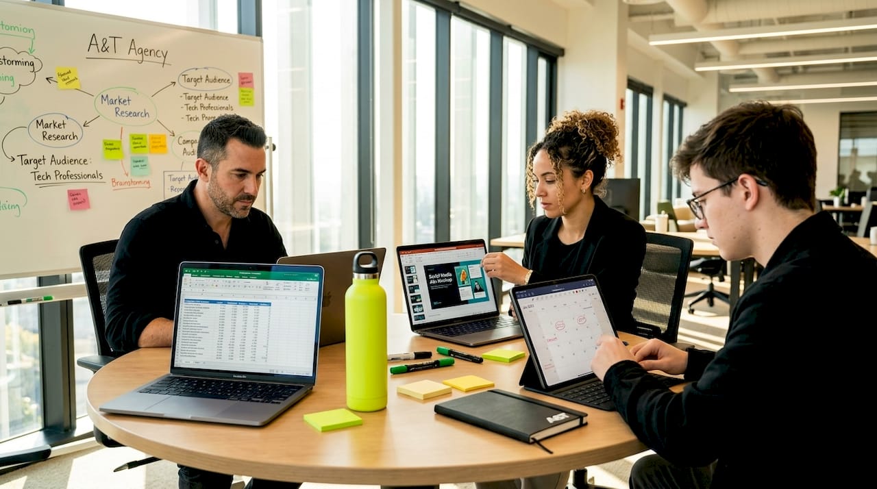 Team collaborating on campaign setup tasks