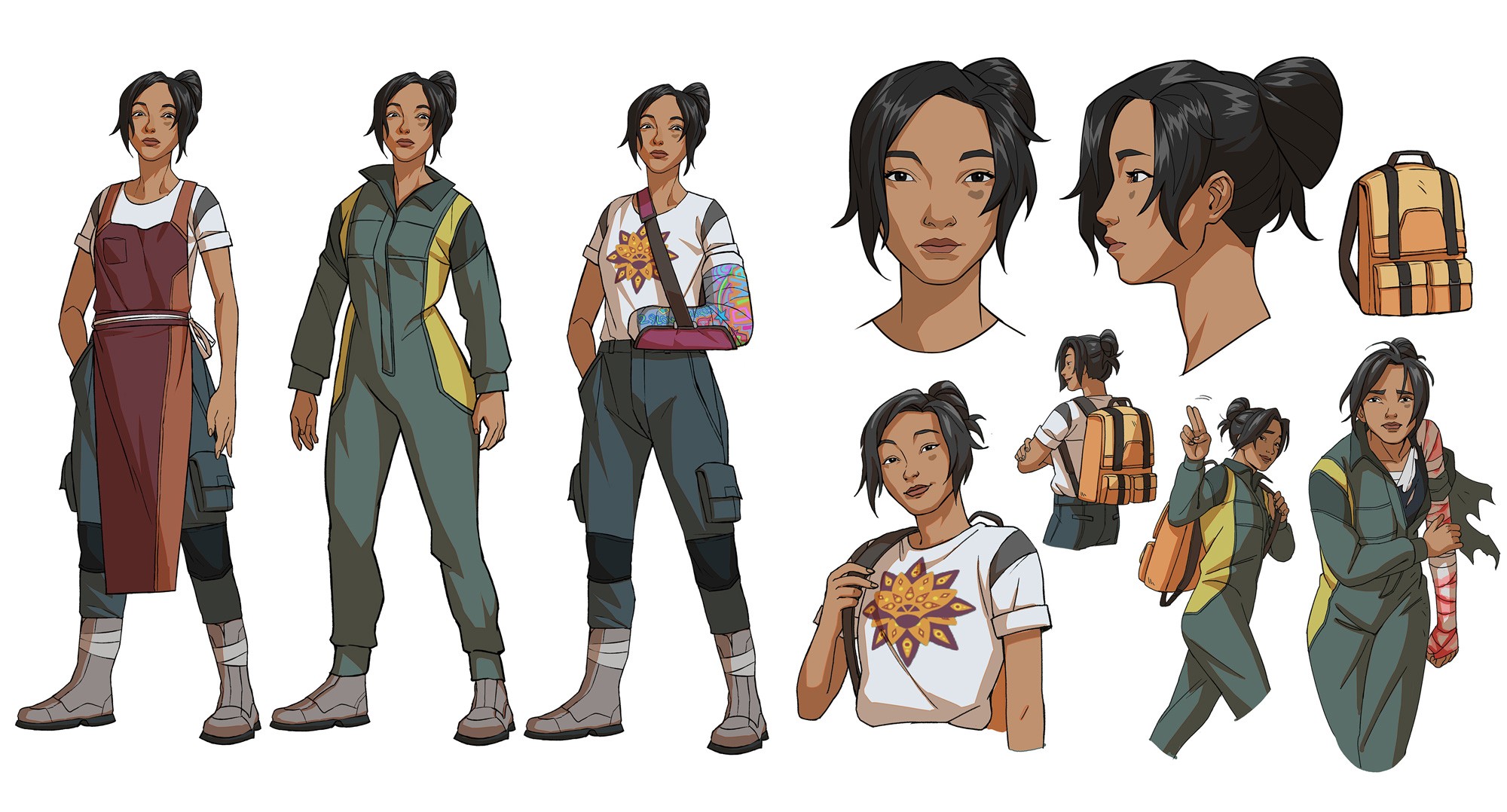Behind-the-scenes character designs showcasing the lead character’s sister in various costume concepts, highlighting development and creativity.