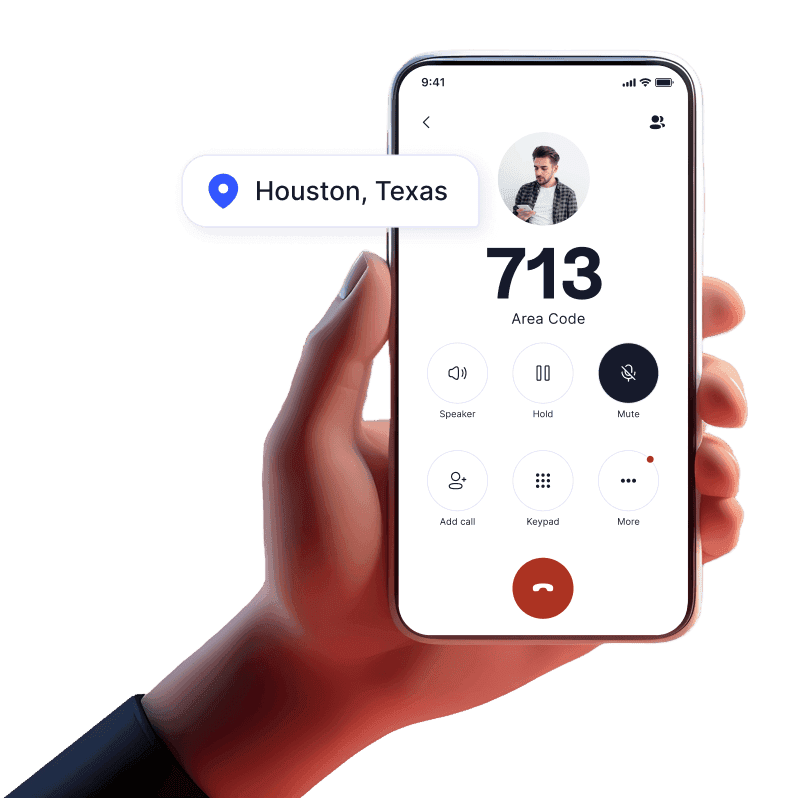 Hand holding mobile device with incoming call from 713 area code using LinkedPhone 2nd phone number mobile app