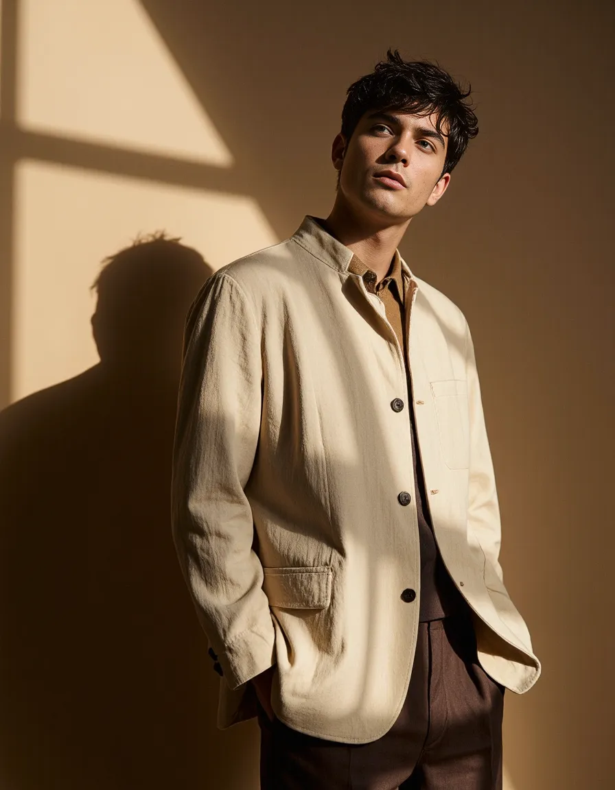 Fashion portrait in warm neutral tones featuring cream jacket and brown pants with dramatic window shadows creating artistic lighting