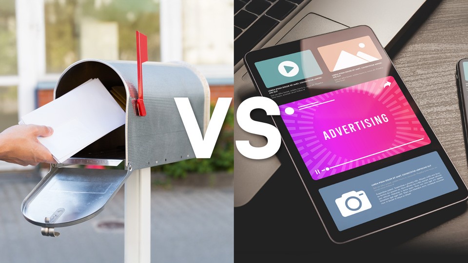 an image demonstrating direct mail marketing versus email and digital ads