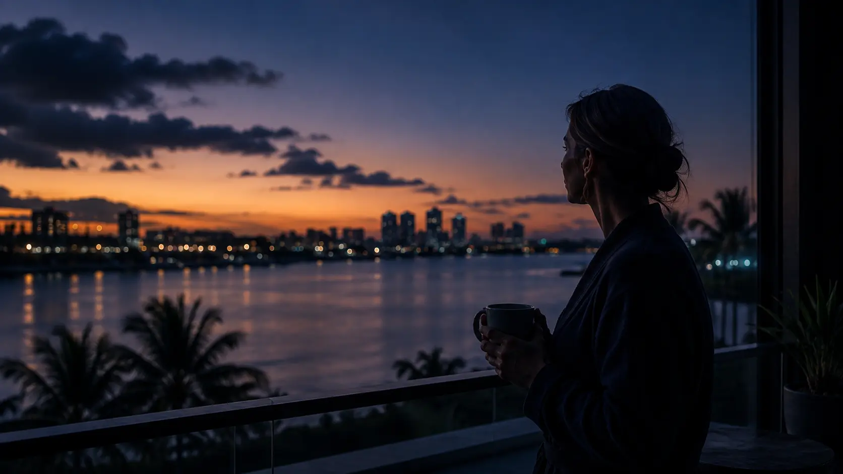 Woman overlooking city balcony