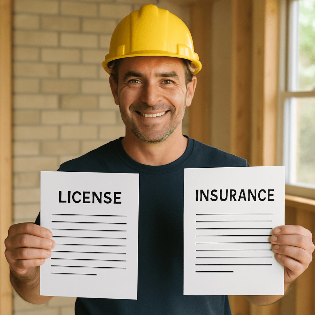 Contractor showing license and insurance documents
