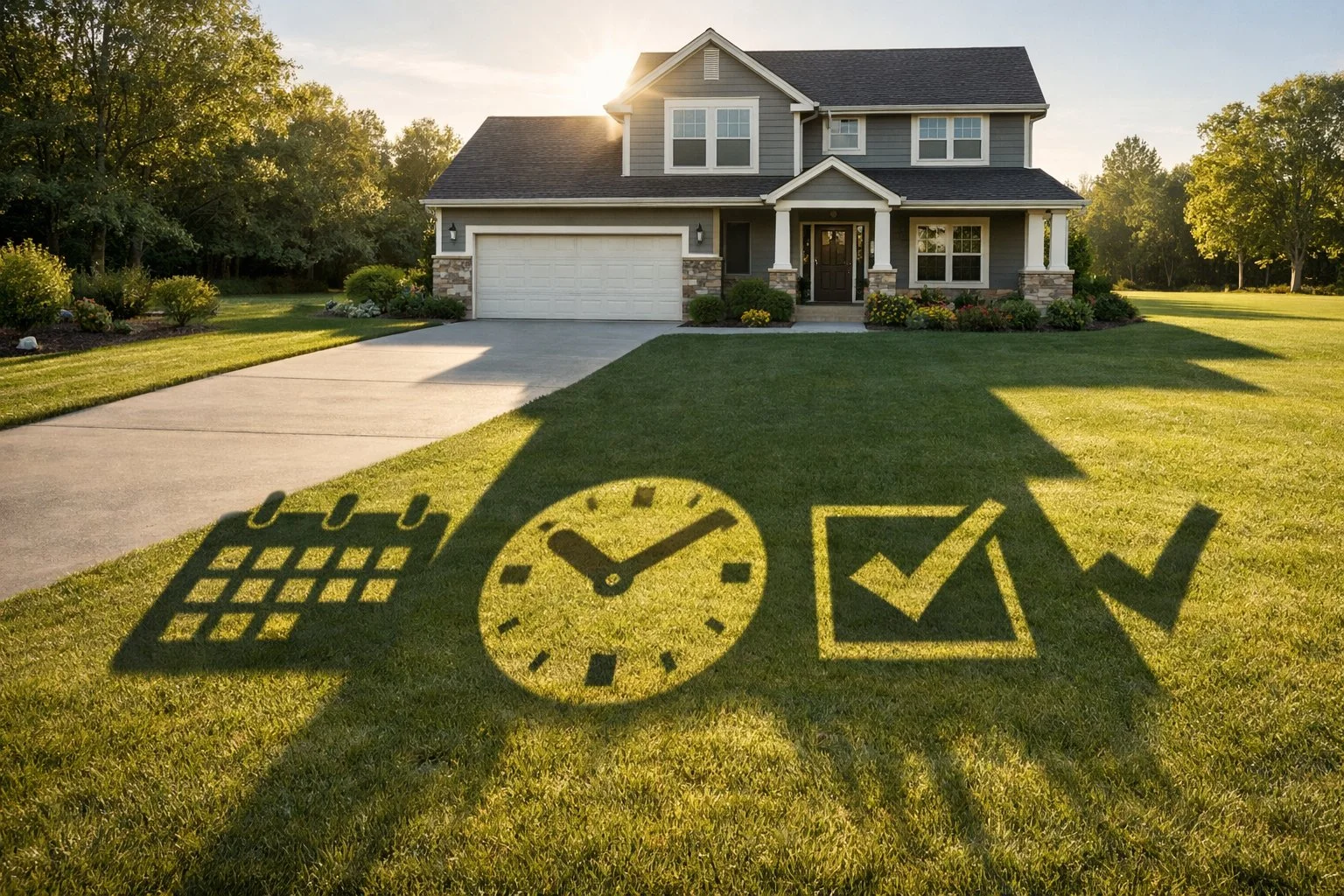 Well-maintained home casting a long shadow shaped like calendars, clocks, and checkmarks, symbolizing time, planning, and foresight.