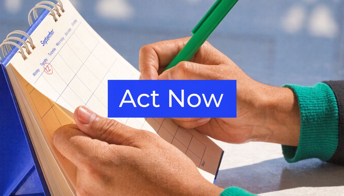 A person marks a date on a calendar with a green pen, symbolizing immediate action and planning.