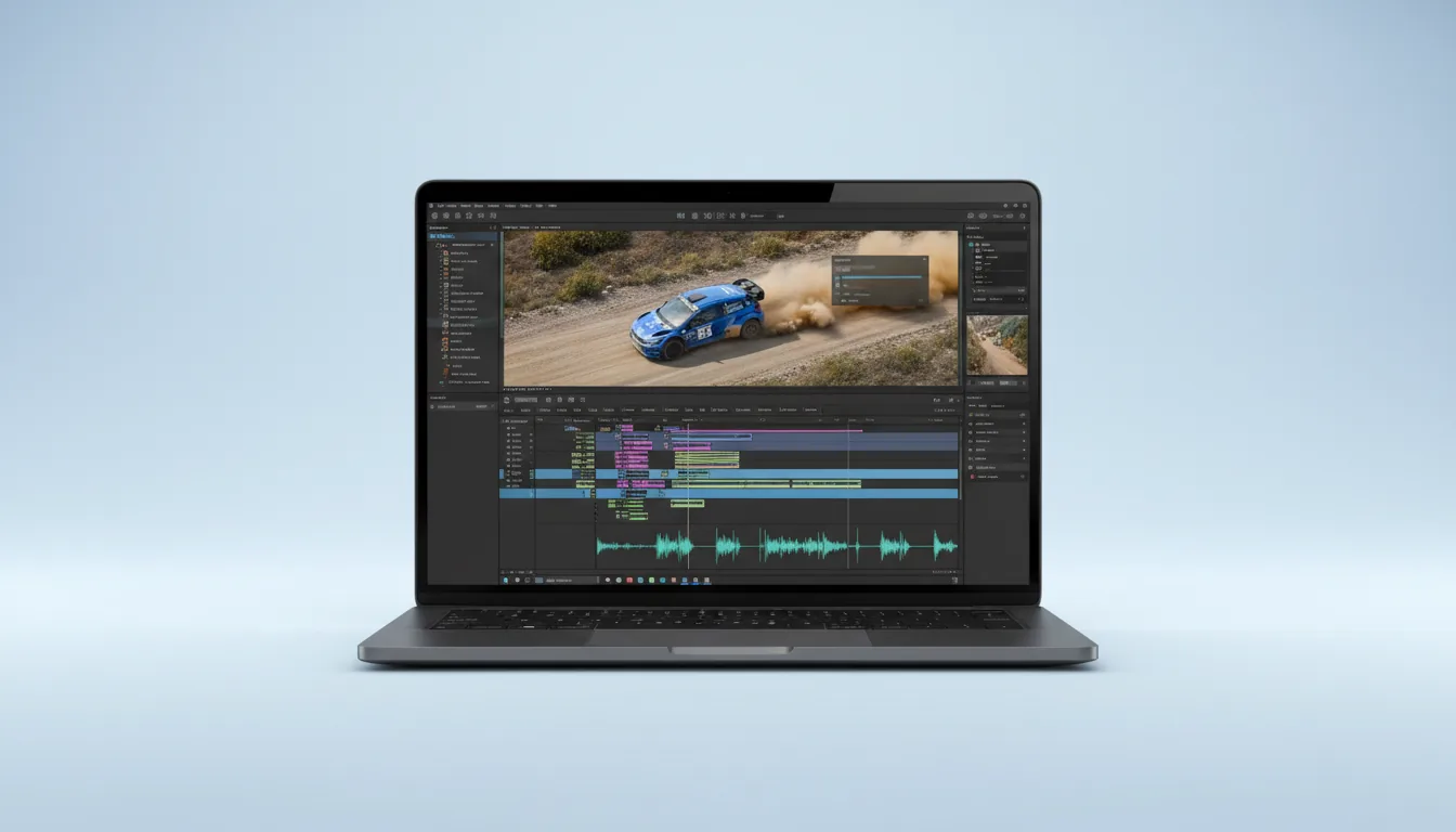A modern, dark grey laptop centered against a minimal light blue and white gradient background. The screen displays the Final Cut Pro video editing software in a Modern Dark Mode style. The interface features a large video preview pane at the top showing a high-angle drone shot of a blue rally car racing on a dirt road, kicking up dust. Below the preview is a complex multi-track timeline with colorful clips, blue audio waveforms, and various UI elements. A left sidebar shows a list of abstracted text lines. A small UI overlay with a progress bar is visible on the video preview. The image has a clean, professional product mockup aesthetic with soft, even lighting.