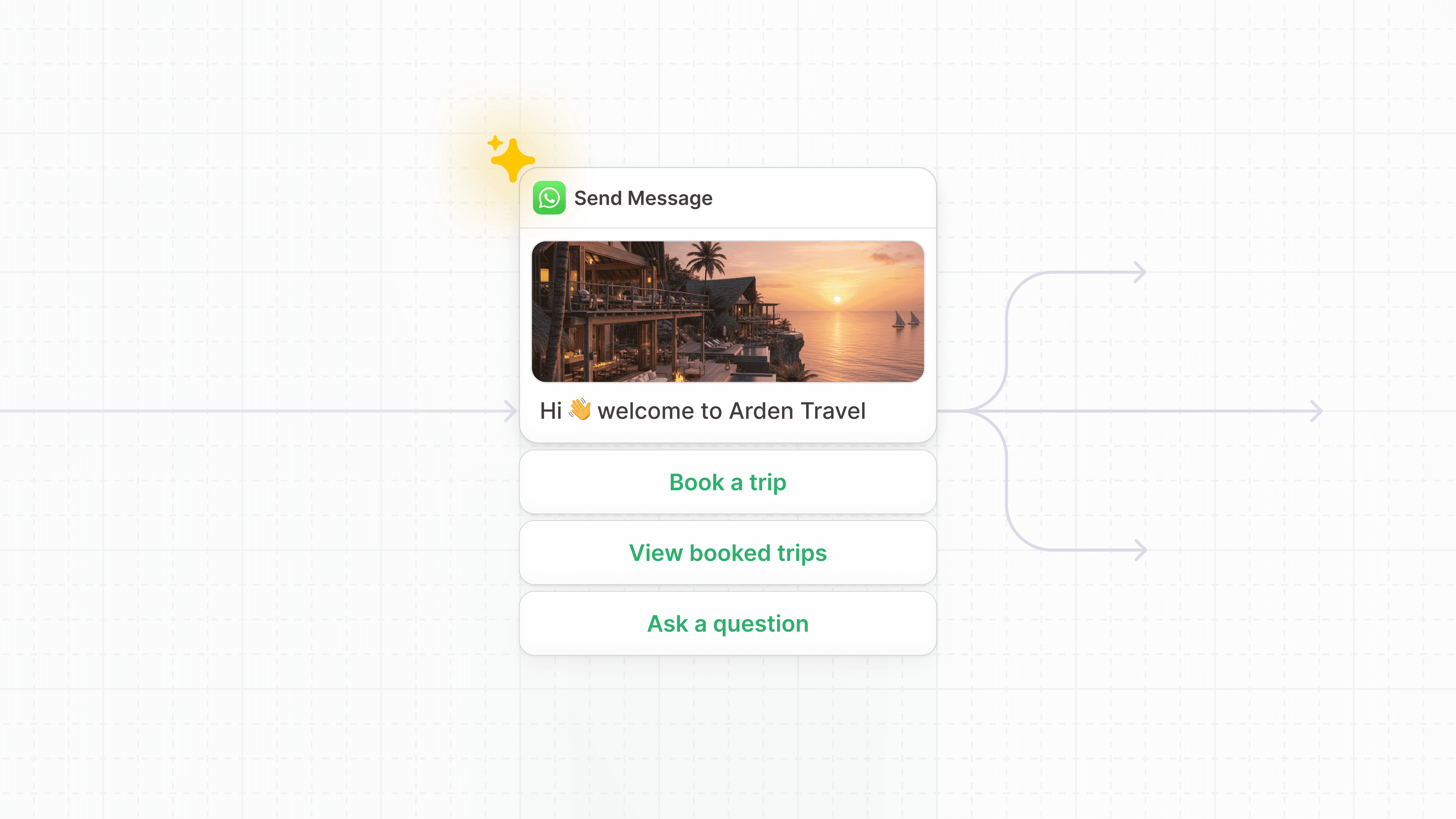 AI travel chatbot welcoming guest with sunset resort image and booking options